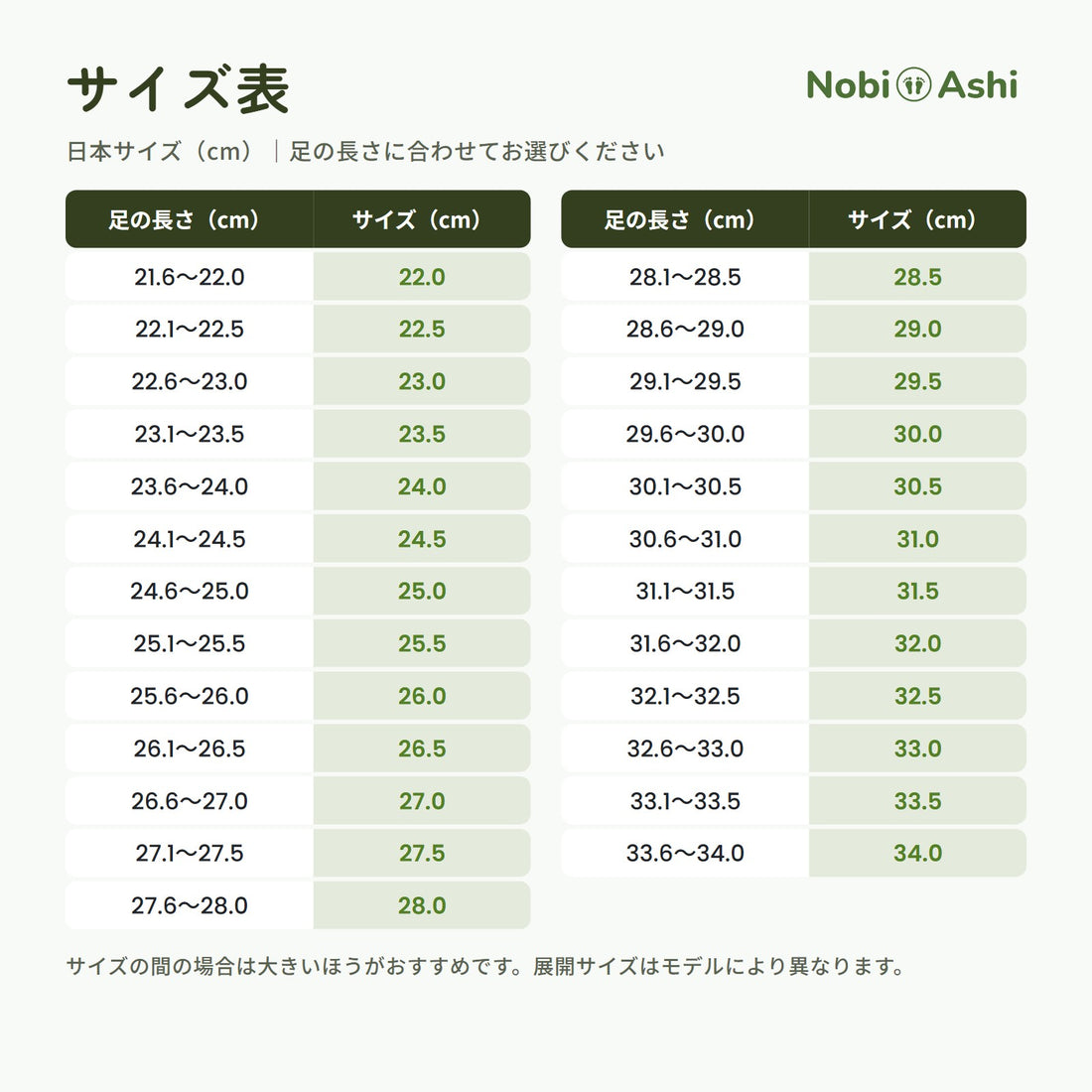 サイズ表（日本サイズ・cm）